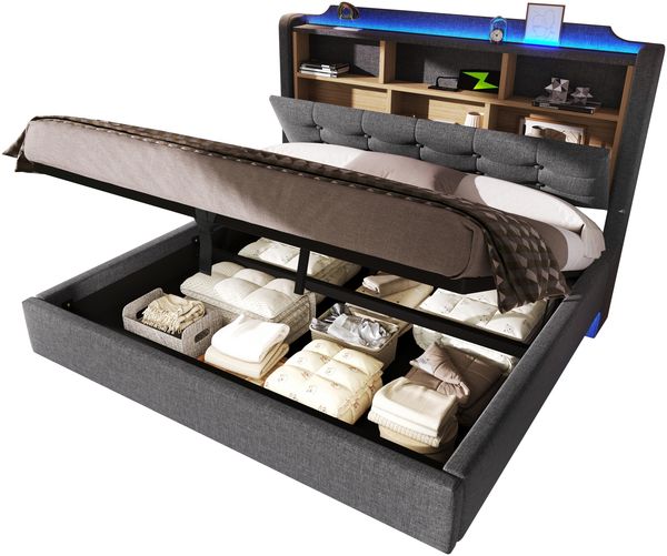 Merax Polsterbett, 140 × 200 cm Doppelbett, mit LED-Lichtleiste, hydraulischer Stauraum, Staufächer, schwebendes Design, USB- und Typ-C-Anschlüsse, Leinen, Grau Bild 10