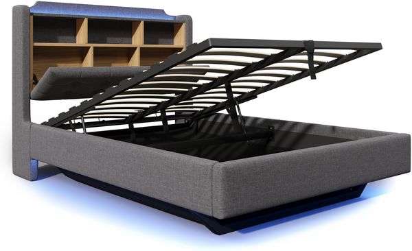 Merax Polsterbett, 140 × 200 cm Doppelbett, mit LED-Lichtleiste, hydraulischer Stauraum, Staufächer, schwebendes Design, USB- und Typ-C-Anschlüsse, Leinen, Grau Bild 9