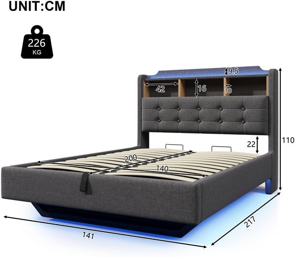 Merax Polsterbett, 140 × 200 cm Doppelbett, mit LED-Lichtleiste, hydraulischer Stauraum, Staufächer, schwebendes Design, USB- und Typ-C-Anschlüsse, Leinen, Grau Bild 4