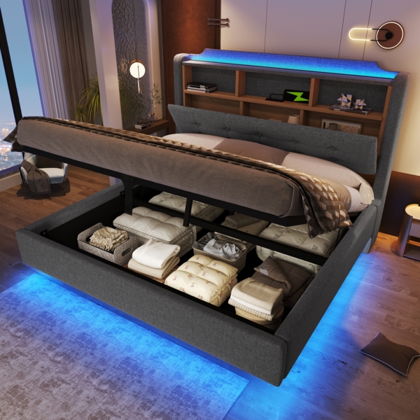 Merax Polsterbett, 140 × 200 cm Doppelbett, mit LED-Lichtleiste, hydraulischer Stauraum, Staufächer, schwebendes Design, USB- und Typ-C-Anschlüsse, Leinen, Grau