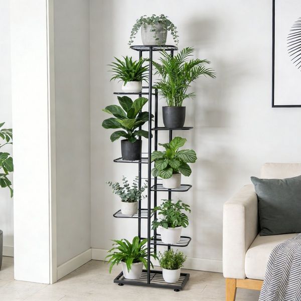 BlingBin Blumenständer Pflanzenständer Metall Blumentreppe Indoor-Pflanzenständer (8 Etagen Pflanzentreppe, 1 St, Pflanzen Regal Blumenregal, 41 x 22 x 142,5 cm), für bis zu 9 Blumen- & Pflanzentöpfe, für Garten oder Balkon, Grau
