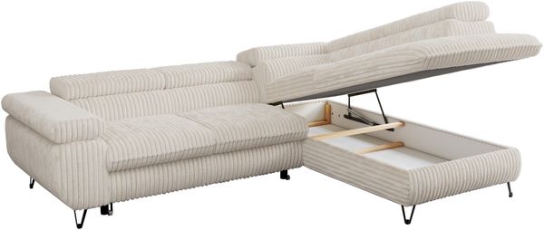 Mks Möbel 'Peter L-form' Ecksofa mit Bettfunktion, Bettkasten & einstellbaren Kopfstützen, Beige, Cord, mit Topper, rechts Bild 5