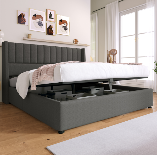 Polsterbett 180x200 cm aus Leinen mit hydraulischem Bettkasten und Stauraum – modernes Design