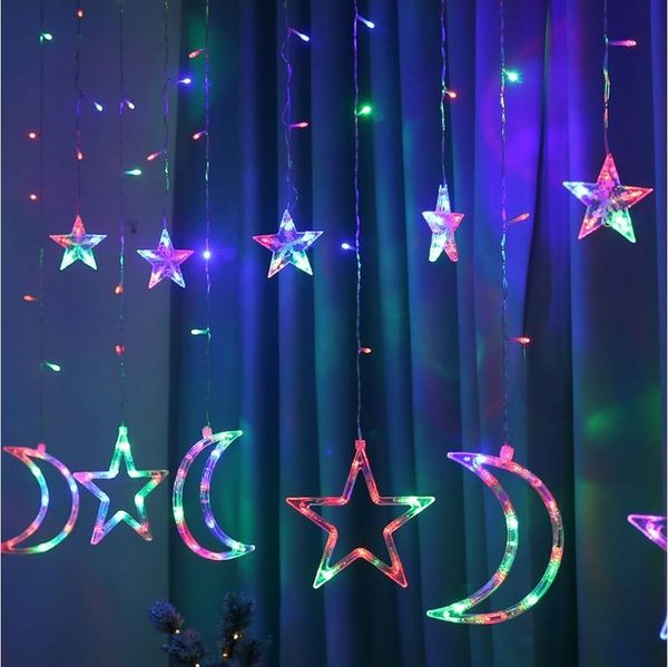 Qualra LED-Lichterkette Stern Mond LED Lichterketten 3M Innen Lichtervorhang Weihnachten Deko, 8 Modi Fenster Weihnachtsbeleuchtung für Party Ramadan