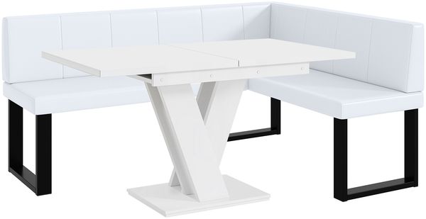 MEBLINI Eckbank für Esszimmer mit ausziehbarem Tisch - Küchenbank - Essecke - Sitzecke Küche - PETER - U-Beine 128x168x87cm Rechts - Weiß Kunstleder/M Weiß Matt
