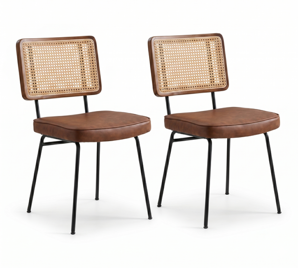 LVHOM 2er Set Esszimmerstuhl aus PU & Massivholz, Polsterstuhl mit Rattan-Optik, Küchenstuhl mit Metallbeinen, Braun