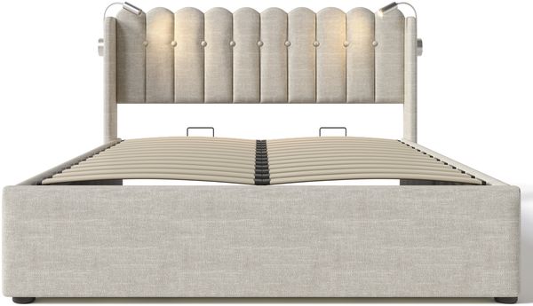 Polsterbett aus Leinen mit USB-Anschluss, Leselicht & Stauraum, 140x200 cm, Beige, inkl. Matratze Bild 10