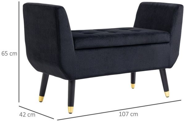 HOMCOM Luxus Sitzbank Polsterbank mit Stauraum Armlehnen Truhenbank Samtartiges Polyester Gummiholz Schwarz 107 x 42 x 65 cm Bild 3