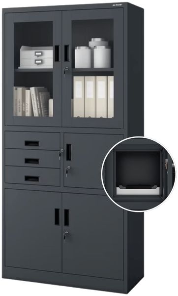 Vitrinenschrank abschließbar FILIP - mit Tresor & Schubladen| Büroschrank aus Stahl Aktenschrank mit Glasfenster Metallschrank Mehrzweckschrank, 185x90x40cm Anthrazit