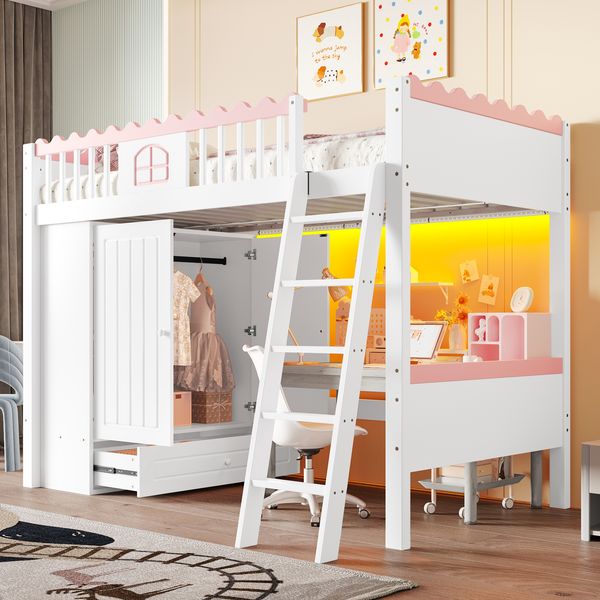 Hochbett, Einzelbett(Ohne Matratze), Kinderbett, mit LED-Leuchten, mit Kleiderschrank, mit Ablageschublade, EN747 zertifiziert, Kiefernholz, 90x200cm, Weiß