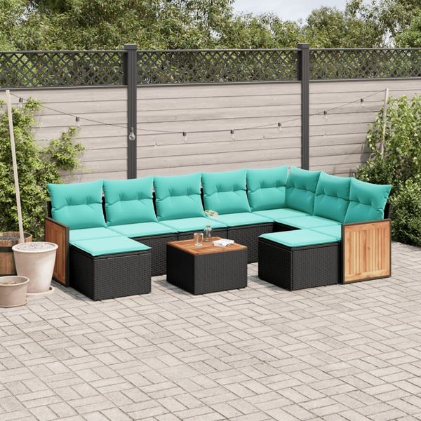 vidaXL 10-teiliges Gartensofa-Set mit Kissen, schwarzes Polyrattan 3228227