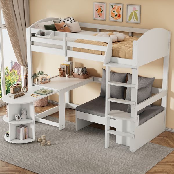 Hochbett 90×200 cm mit Rausfallschutz, Ausziehtisch und Stauraumsofa, Weiß, ohne Matratze