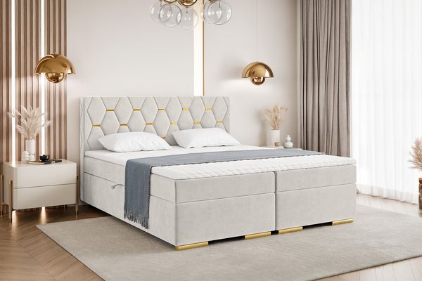 MEBLINI Boxspringbett mit Bettkasten - 140x200 - H4/Creme Samt - Versal - Gepolstert Doppelbett mit Matratze und Topper - Polsterbett mit Stauraum - Bett mit Kopfteil - Stauraumbett