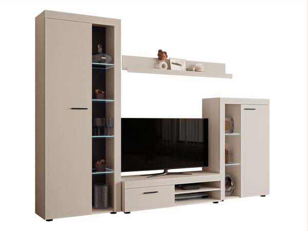 Wohnwand Rango (Farbe: Sandbeige, mit LED Beleuchtung)