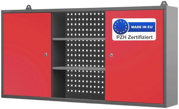 Hängeschrank Werkstatt abschließbar OLIS - Metallschrank hängend | Werkstattschrank Werkzeugschrank Wandschrank Garage, 60x120x20cm Anthrazit-Rot