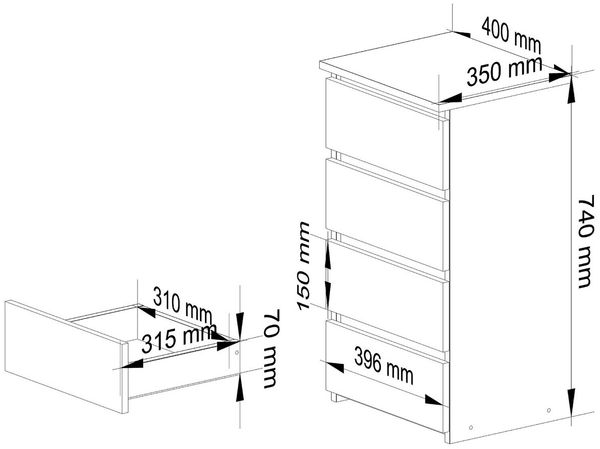 Milord FURNITURE Kommode mit 4 Schubladen 40 cm breit Holz Schrank B40xH74xT35 cm (Highboard Anrichte Schlafzimmer Wohnzimmer Flur Büro Organizer) Bild 4