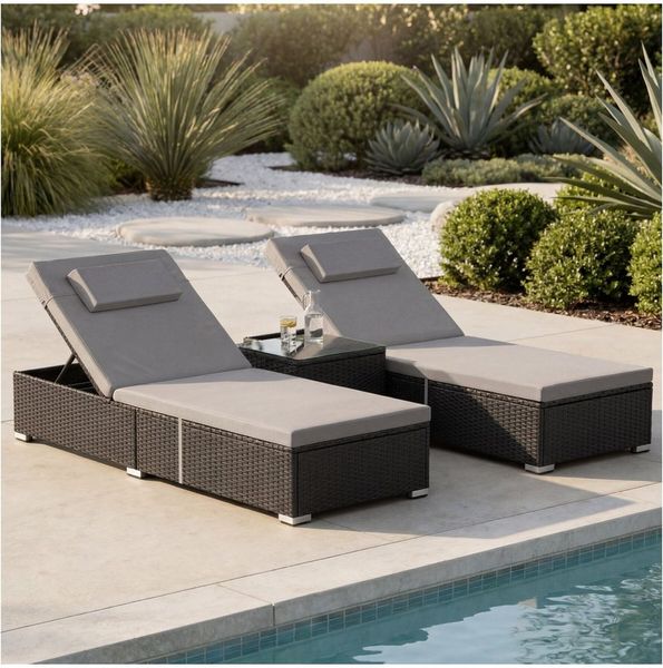 tectake Gartenliege Rattan-Doppelliege mit Tisch, mit abnehmbaren Kopfpolstern, Sonnenliege Carbonera, 1 St, in schwarz, wetterfest und UV-beständig, Belastbarkeit je 200 kg, verstellbar