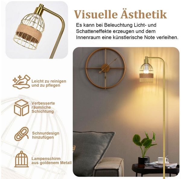 MUPOO Stehlampe Gold Stehlampe Wohnzimmer Dimmbar,mit Glühbirne & Fernbedienung, 10 Stufen dimmbar, LED wechselbar, Fußschalter,mit E27 Glühbirne 6w,für Schlafzimmer Wohnzimmer Büro