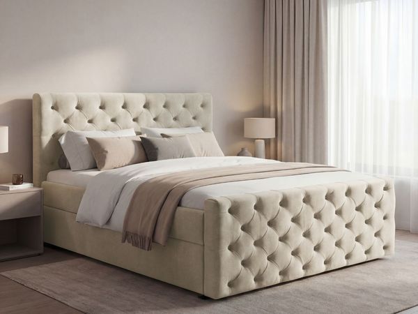 GRAINGOLD Montego Doppelbett 140x200, Boxspringbett, zwei Bettkästen, Glamour Stil, Velvet-Stoff, Creme