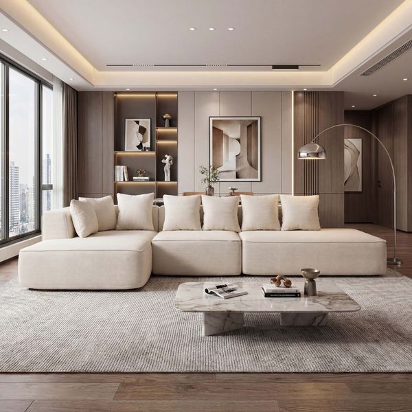 Sofa-Garnitur HWC-Q28, L-Sofa Couch Loungesofa, Stoff Chenille (270 g/m²) Liegefläche links 60x310x150cm ~ creme