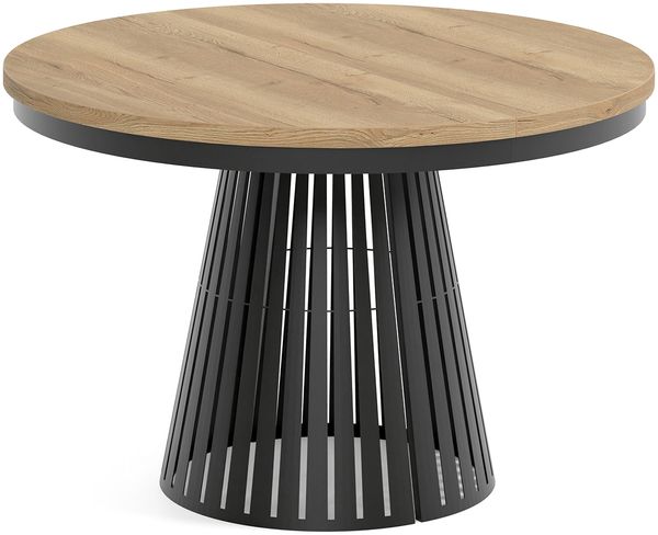 MEBLINI Esstisch Rund Ausziehbar aus Metall - 120-196x76 cm - CONEY - Halifax Eiche/Schwarz Matt - Loft - Esszimmertisch Modern - Küchentisch - Ausziehtisch - Round Dining Table