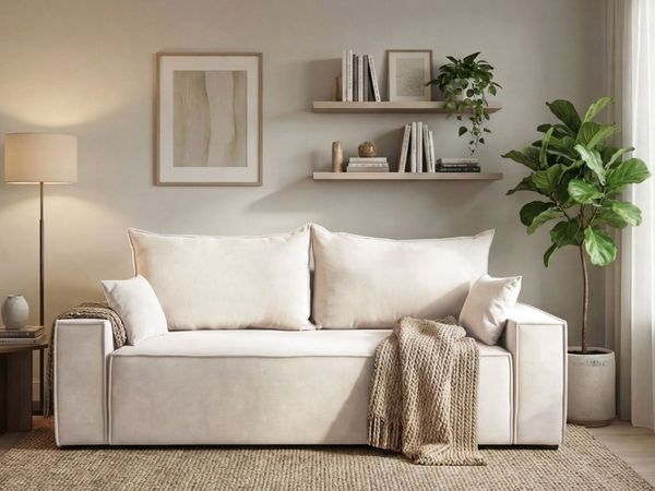 GRAINGOLD Sofa Sivra, Schlafsofa mit Bettkasten, Couch 3-Sitzer, Schlafcouch, Velour-Stoff, Creme
