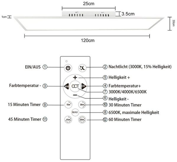 ZMH LED Deckenleuchte LED 3000-6500K dimmbar 100/120cm Schwarz/Weiß Deckenlampe, Augenschutz, LED fest integriert, warmweiß, neutralweiß, kaltweiß, 40W Rechteckig 4100LM Timer Memory Bürolampe Bild 4