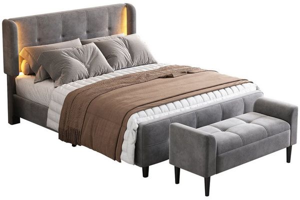 HAUSS SPOLE Polsterbett 140x200cm mit LED-Leisten, Polsterbänke mit Armlehne Samt, Grau