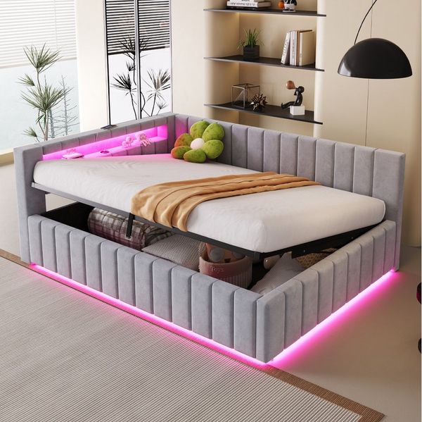 Flieks Daybett, Hydraulisches Polsterbett Schlafsofa 140x200cm mit LED und USB-Laden