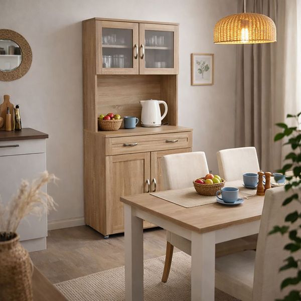 HTI-Living Hochschrank Küchenbuffet mit Glasteil Sonoma Blanca (Stück, 1-St, 1 Schrank) Küchenschrank Hochschrank