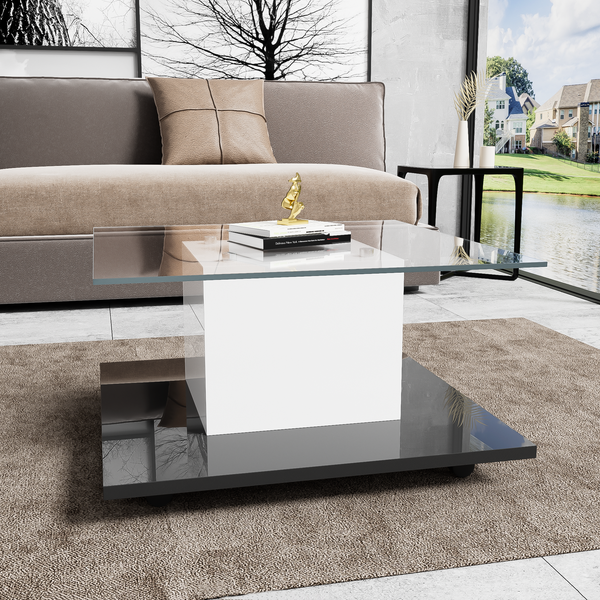 Couchtisch aus gehärtetem Glas, Hochglanz-Body mit LED-Lichtband und Lenkrollen, Weiß und Schwarz,80 x 80 x 40 cm