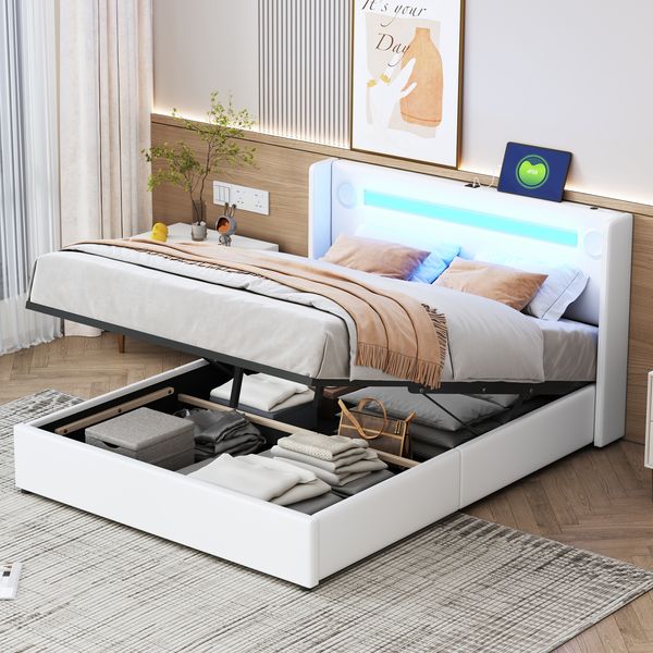 Polsterbett 140×200 cm mit hydraulischem Bettkasten, LED, Bluetooth & USB, Weiß