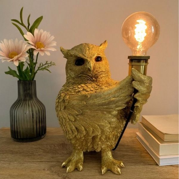 Online-Fuchs Tischleuchte - imposante Dekolampe goldene Eule für Wohnzimmer & Sideboard, E27 Glühbirne wechselbar, indirekte Beleuchtung, auch als Nachttischlampe bestens geeignet - 36 cm groß