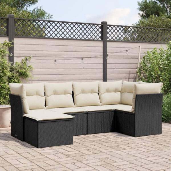 vidaXL 6-tlg. Garten-Sofagarnitur mit Kissen Schwarz Poly Rattan 3217946