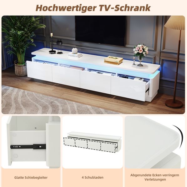 TV-Schrank 180 x 34 x 40 cm mit 4 Schubladen und LED – Lowboard in Weiß Hochglanz aus Spanplatte Bild 5