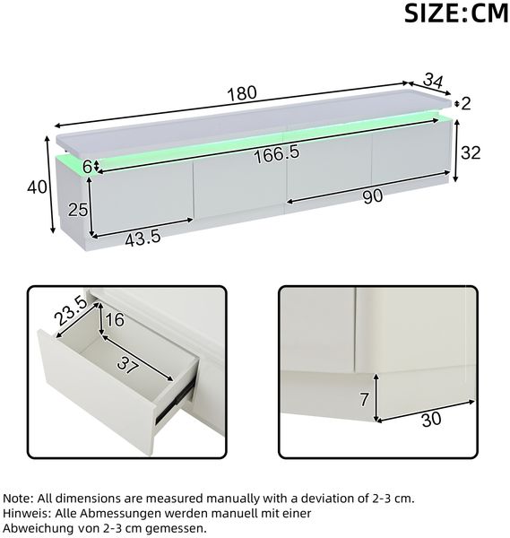 TV-Schrank 180 x 34 x 40 cm mit 4 Schubladen und LED – Lowboard in Weiß Hochglanz aus Spanplatte Bild 7