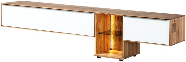 Lowboard Wildeiche 240x43x55 natur geölt / Glas weiß WIEN #110