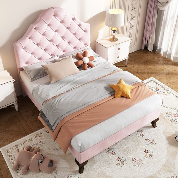 Polsterbett 203*90*118-124cm mit höhenverstellbarem Kopfteil, attenrost und Samtbezug,Rosa,inklusive H25cm Matratze