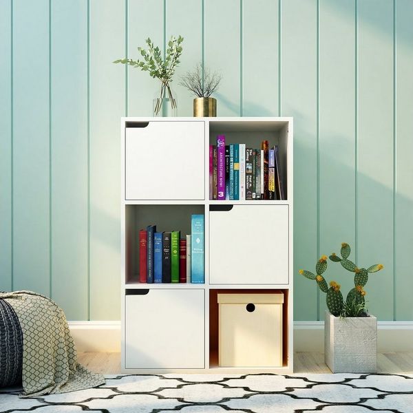 Mondeer Bücherregal Aufbewahrungsregal, Bücherschrank, Regal aus Holz, Sechs Fächer mit 3 Türen Bild 2