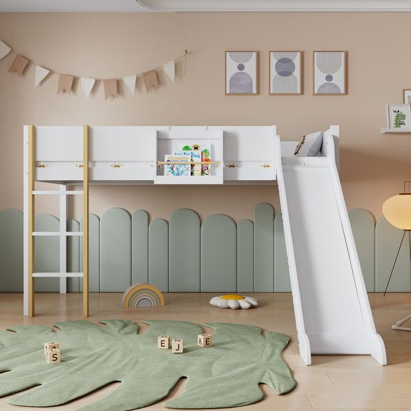 Merax Kinderbett 90x200 cm, Hochbett mit abnehmbarem Regal, Leiter und Rutsche, weiß