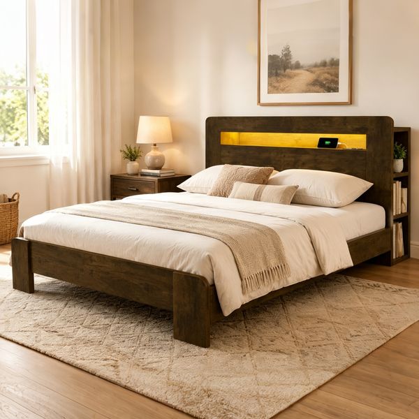 Bettgestell aus Holz mit Stauraum im Kopfteil, LED-Beleuchtung, integrierten Steckdosen, modernes Plattformbett in Vintage-Holz 140 x 200 cm