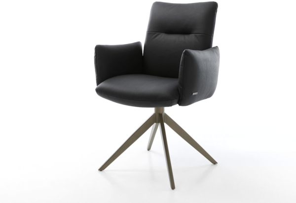 Drehstuhl Jova-Flex mit Armlehnen Echt-Leder Schwarz Kreuzgestell breit Effektfinish Titan 360° drehbar Wippfunktion Taschenfederkern