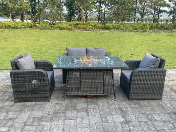 Fimous Dunkelgrau Gemischt Rattan Outdoor Gartenmöbel Gas Feuerstelle Brenner Tisch Sets Love Sofa Verstellbare Stühle 4 Sitzer
