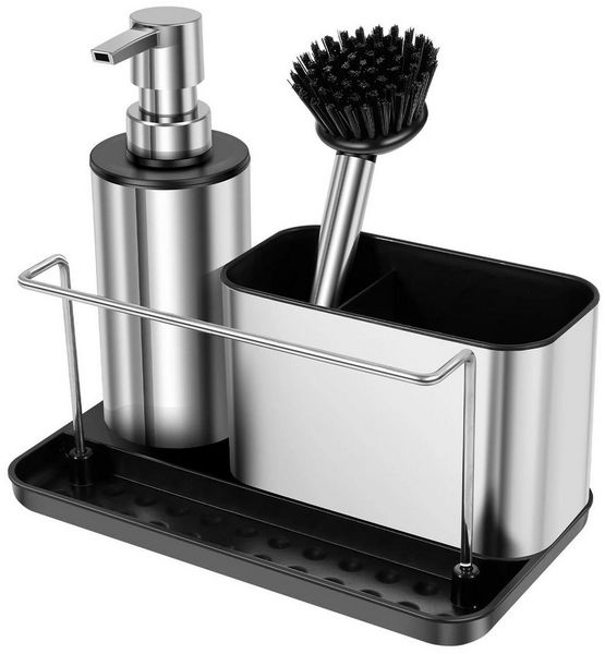 BlingBin Küchenorganizer-Set 3-in-1-Seifenspender-Pumpenset mit Bürste, Spülbecken Caddy Organizer, (1er Set, 1-tlg, Produktabmessungen: 21 × 19 × 11,5 cm), Aufbewahrung von Reinigungswerkzeugen für Küche - Edelstahl Rostfrei