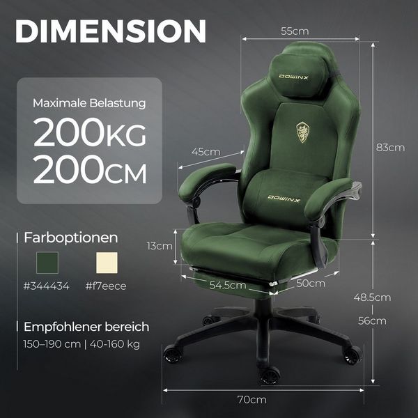Dowinx Gaming-Stuhl Atmungsaktiver und Ergonomischer Bürostuhl aus Mikrofaser-Velours (Packung), Weiches Sitzgefühl, Verstellbarer Schreibtischstuhl mit Fußstütze