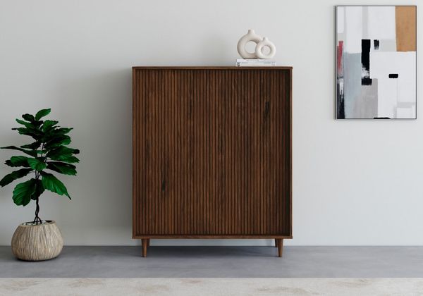 OTTO home Highboard Malmedy Front mit gefrästen Rillen, Kommode Midischrank aus massivem Kiefernholz, Push-to-open, B 100 cm