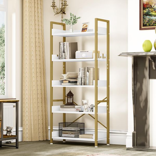 YITAHOME Bücherregal 5 Etagen, Bodenstehendes Bücherregal, Holzregal und stabiles Stahlrahmenregal mit 4 Haken Industrielles Lagerregal für Wohnzimmer, Heimbüro, Golden