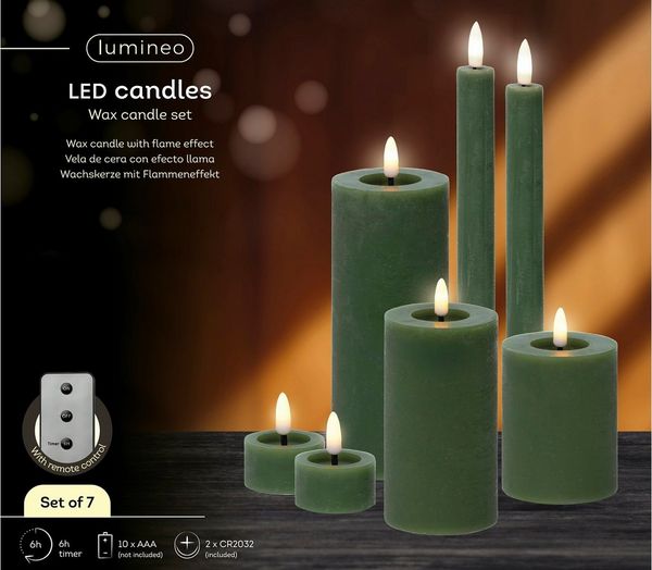 Lumineo LED-Christbaumkerzen Lumineo LED Wachskerzen 7er-Set Grün, batteriebetrieben, 6h-Timer, Indoor, Flacker-Effekt, 2x AAA Batterien, mit Fernbedienung