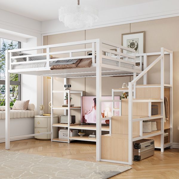 Hochbett 140x200 mit TV-Ständer, Steckdose und Sicherheitsleiter , Stabile Metall-Holz-Kombination, modernes, platzsparendes Hochbett , Kinder-Etagenbettmit praktischem Stauraum,Weiß