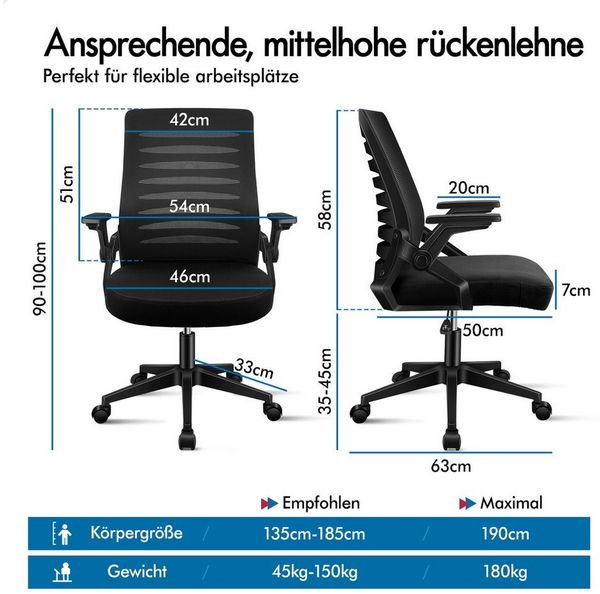 ALFORDSON Bürostuhl Lendenwirbelstütze, atmungsaktives Netz und Stoff, (1 St), Verstellbare Armlehnen für zu Hause und unterwegs